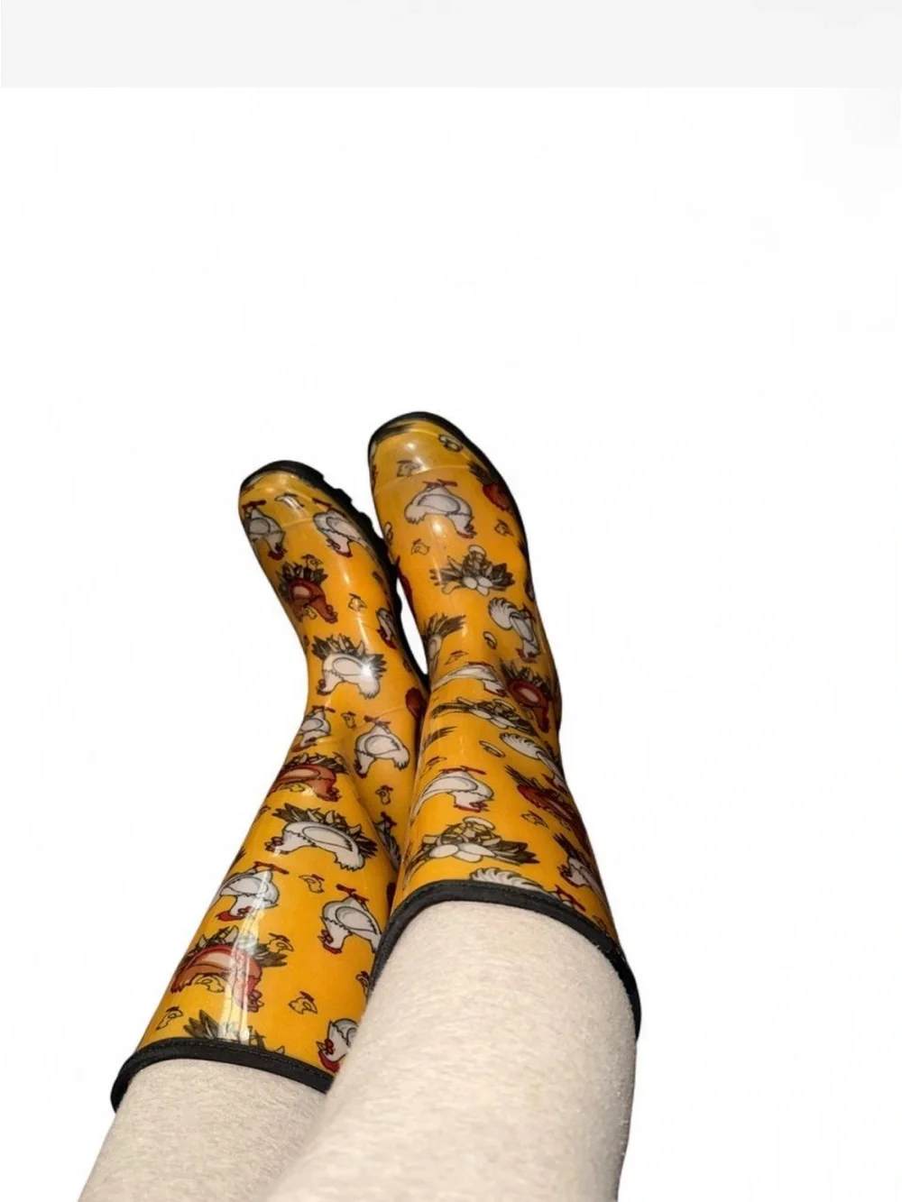 Yellow Printed Knee-High Rain Boots with Playful Chicken and Egg Graphics